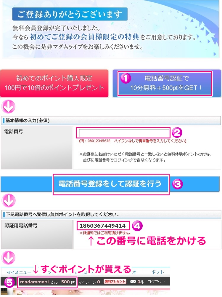 マダムライブに電話番号認証をして無料お試しポイントを貰う流れ